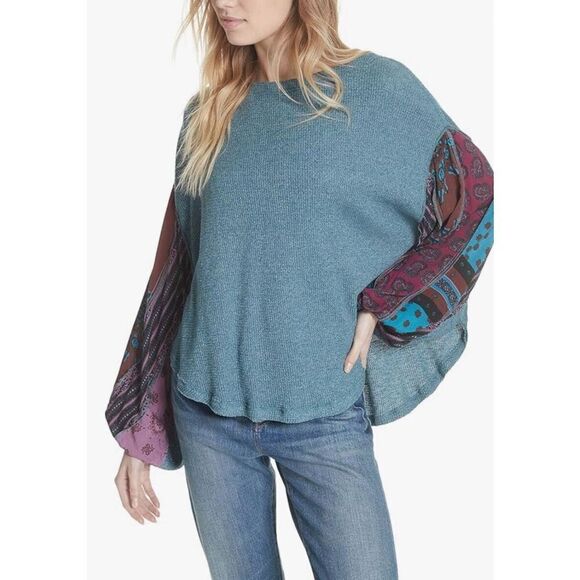 Anthropologie We the Free waffle knit top contrast sleeve sz Large - Picture 1 of 6